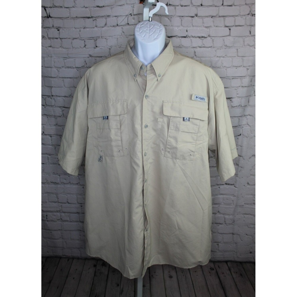 Columbia Mens XLT Fishing Shirt PFG Tan Beige Omni Shade Short Sleeve Vented EUC